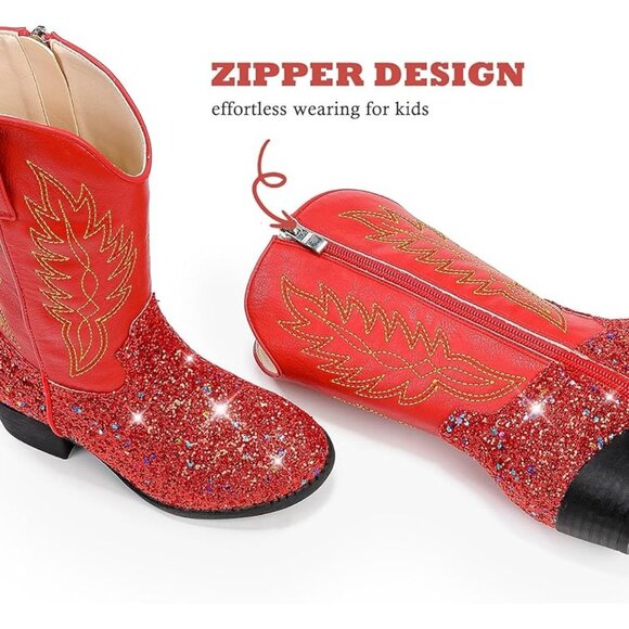 Cowboy Boots Red Glitter w/ Embroidered Design Western Style - Size 12 - Picture 13 of 13